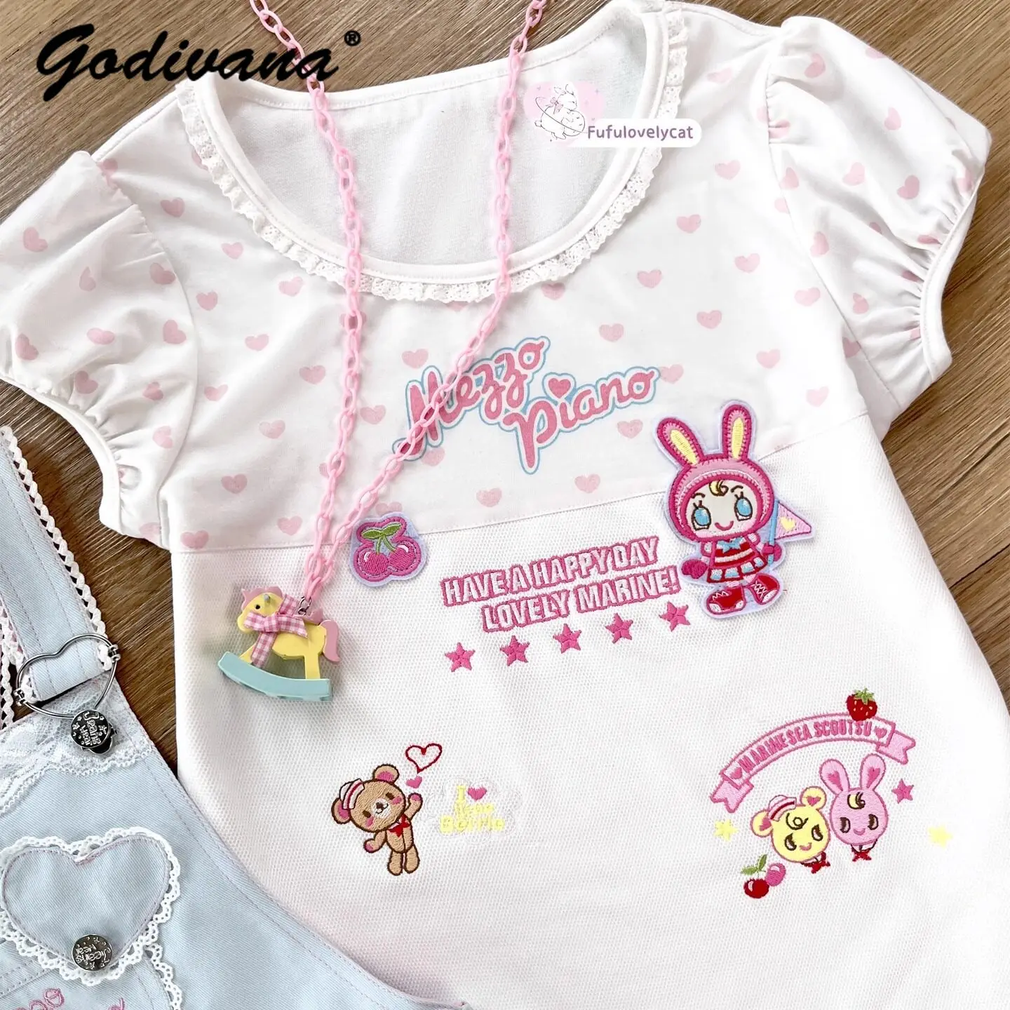 

Kawaii Short-sleeve White T-shirt New Summer Daughter's Clothes Cartoon Embroidered Lace Childlike Cotton Tee Tops Female
