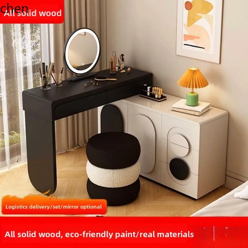 HT Cream Style Dressing Table with Lacquer Finish, Integrated Chest of Drawers, Bedroom Makeup Table,  Storage Chest of Drawers
