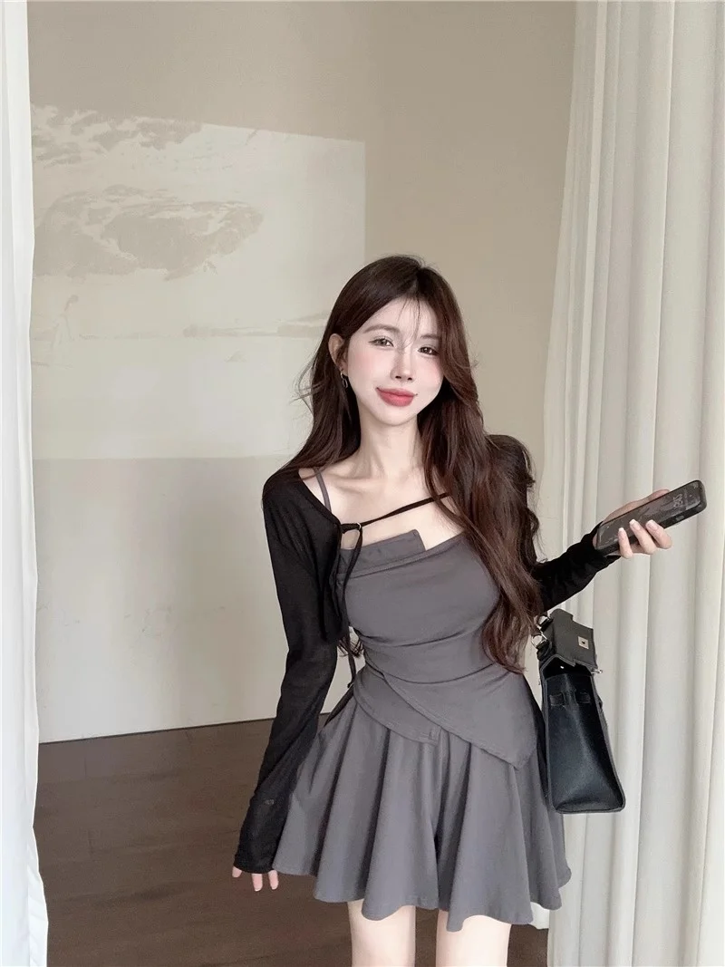 Sweet And Spicy Slim Fit Knitted Cardigan And  Skirt Set for Women Summer Three Piece Set Asymmetrical Design Fashionable