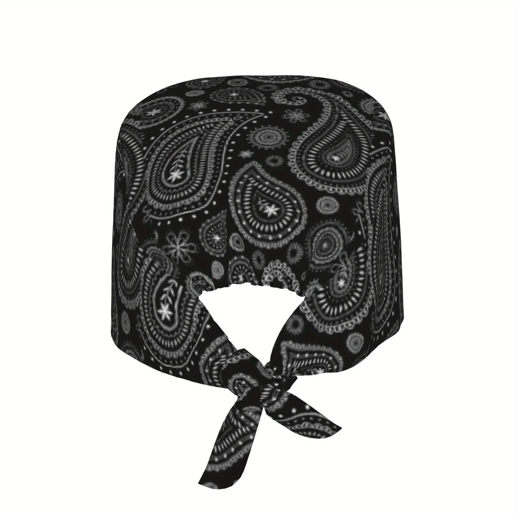 1pc Black Paisley Women’s Adjustable Work Cap - Lightweight, Dustproof Tie-Back Nurse Hat, Chef & Cooking Cap with Floral Patter