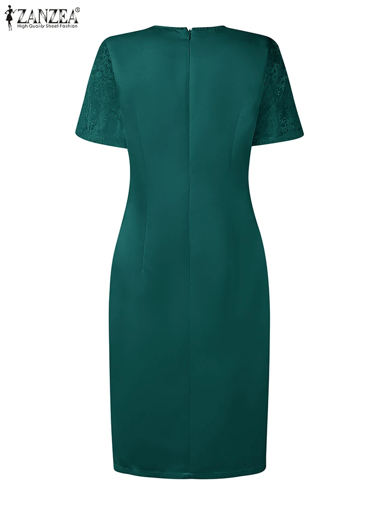 ชุดเดรสออกงานหรูหรา ปี 2025 ZANZEA ชุดเดรสผู้หญิงทันสมัย ตกแต่งด้วยผ้าลูกไม้ ชุดเดรสฤดูร้อนแขนสั้นทรงเข้ารูป ชุดเดรสผ้าซาตินสีพื้นความยาวปานกลาง