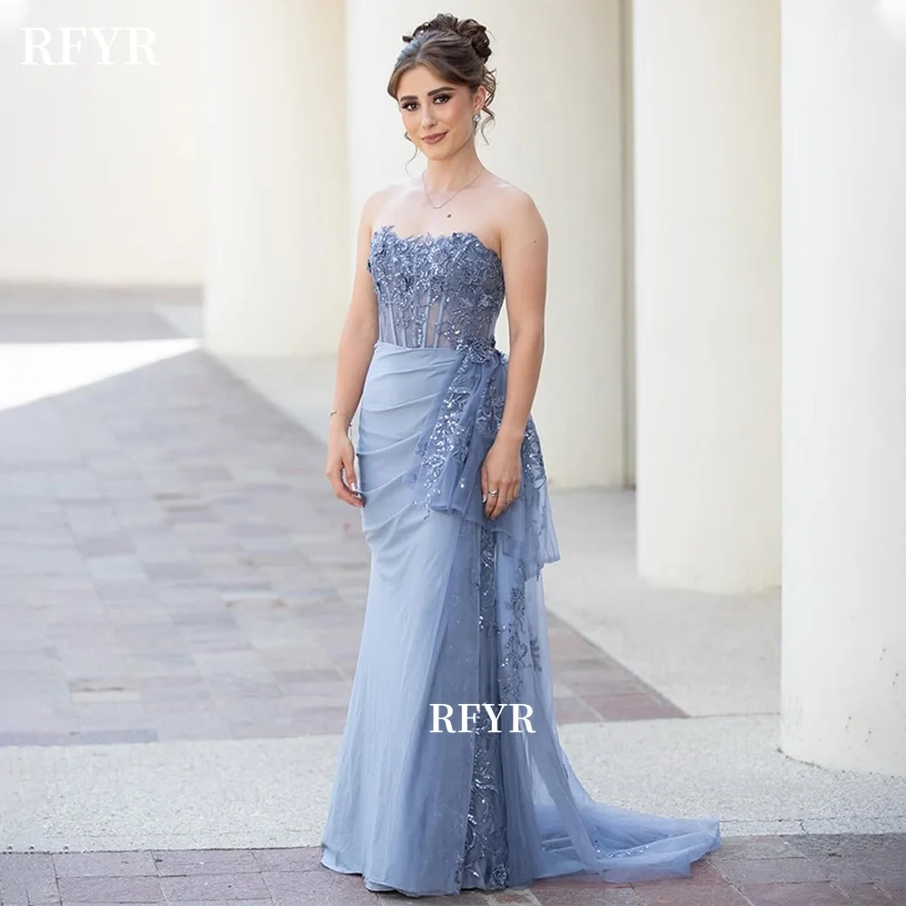 

RFYR Mermaid Evening Dresses Lace Applique Prom Dress Side Slit Princess Gowns Handmade vestidos فساتين مناسبة رسمية Customized