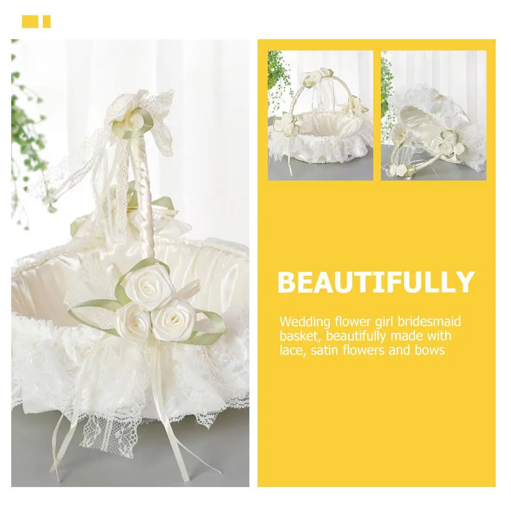 

Wedding Flower Girl Baskets Soft Polyester Lace White Small Handle Storage Basket for Bridal Party Rose Petals