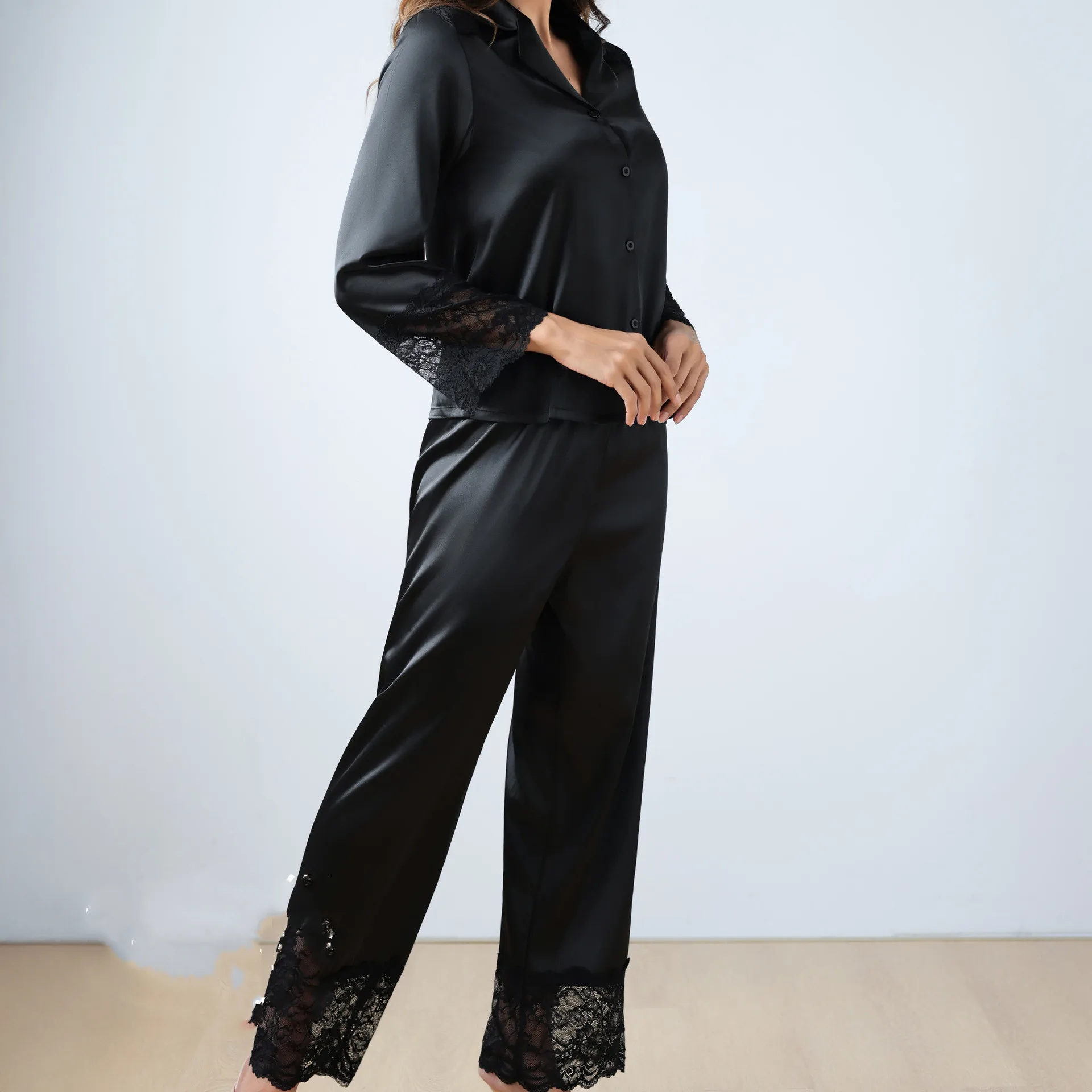 

Black Silk Satin Female 2PCS Pajamas Sleepwear Lace Patchwork Long Sleeve Trouser Suits Home Clothes Spring Autumn Nightwear