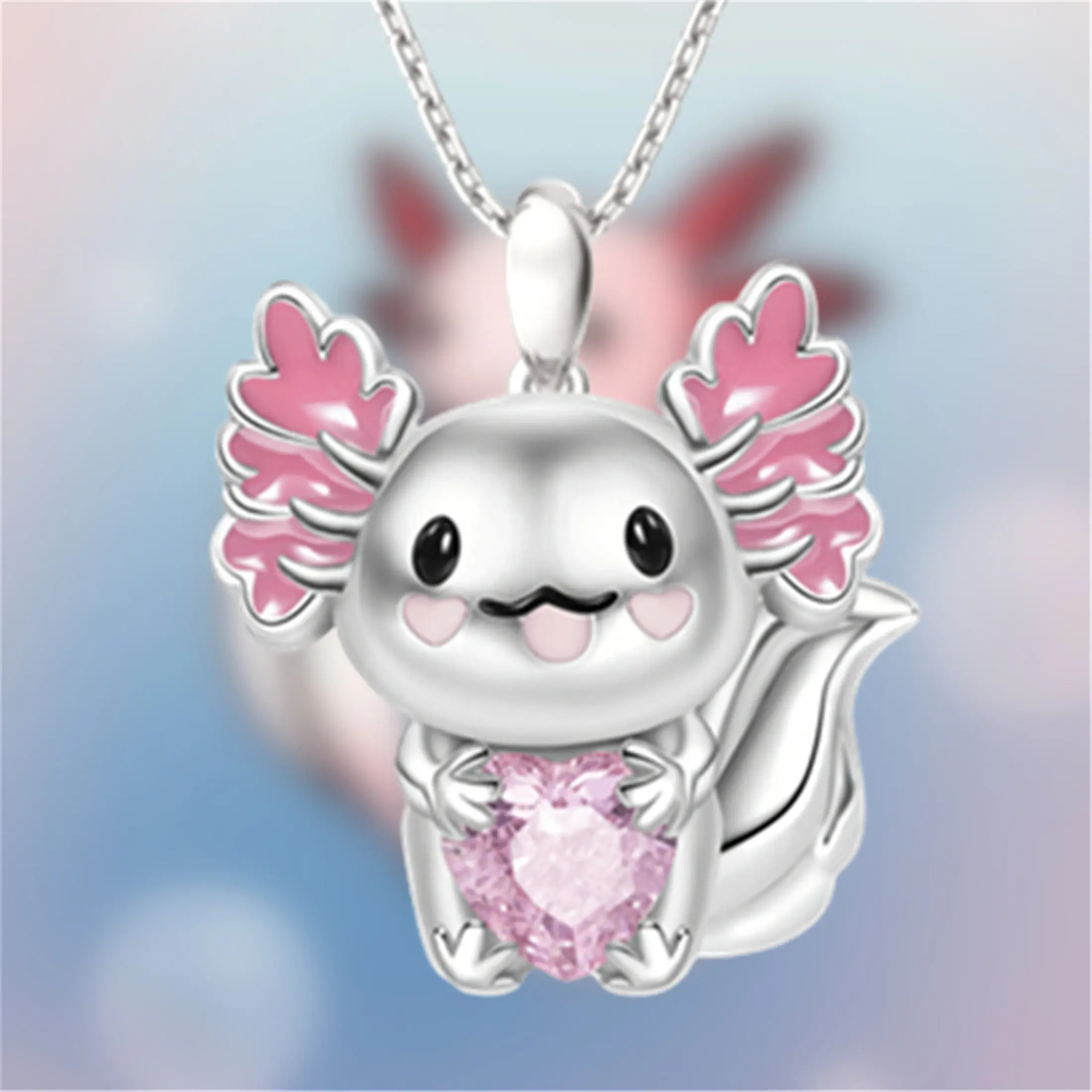 Fashionable and Cute Women's Jewelry, Pink Rhinestone Cartoon Salamander Pendant Necklace, Valentine's Engagement Birthday Gift