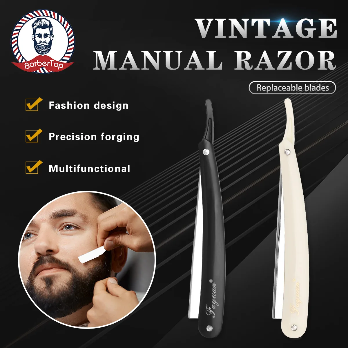 Rasoir manuel professionnel à bord droit en acier inoxydable, rasoir tranchant pour barbier, coupe-barbe pliable avec lame