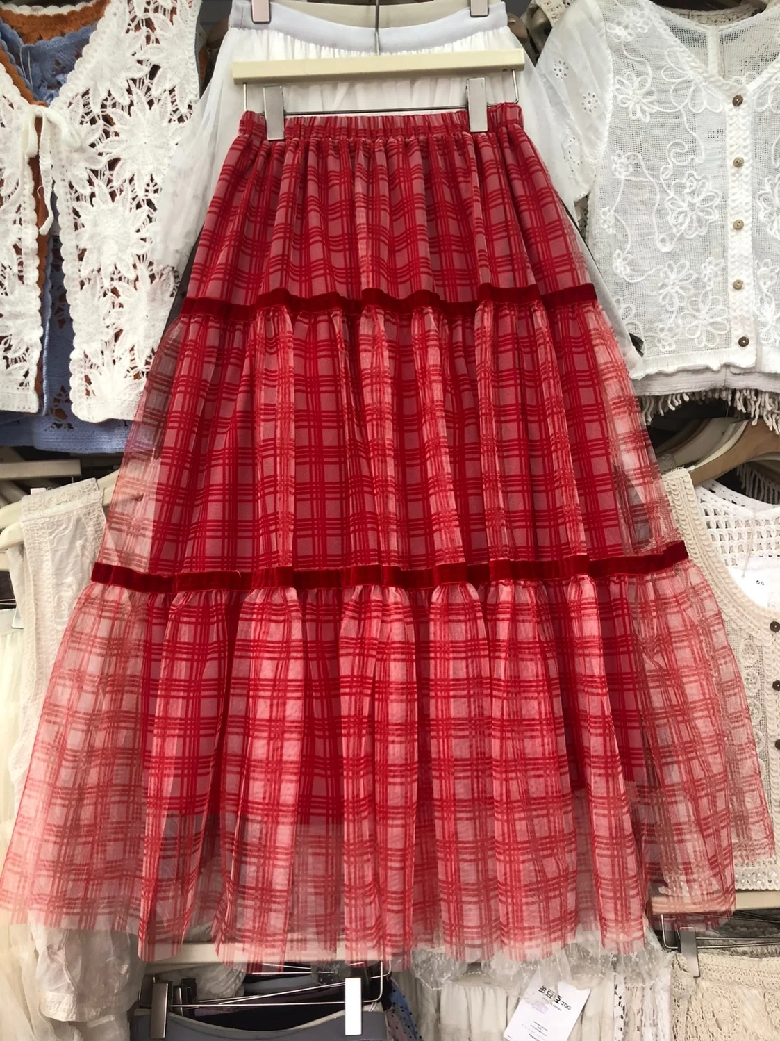 

Red Plaid Velvet Lace Half Skirt Midi Ball Skirt Flared Skirt Polyester Fiber High Waist Baking Style Skirt for Women