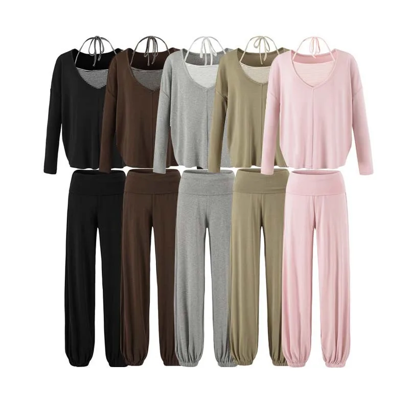 women fall three piece set color block stripe tie up halter vest loose long sleeve blouse shirt high waist pants