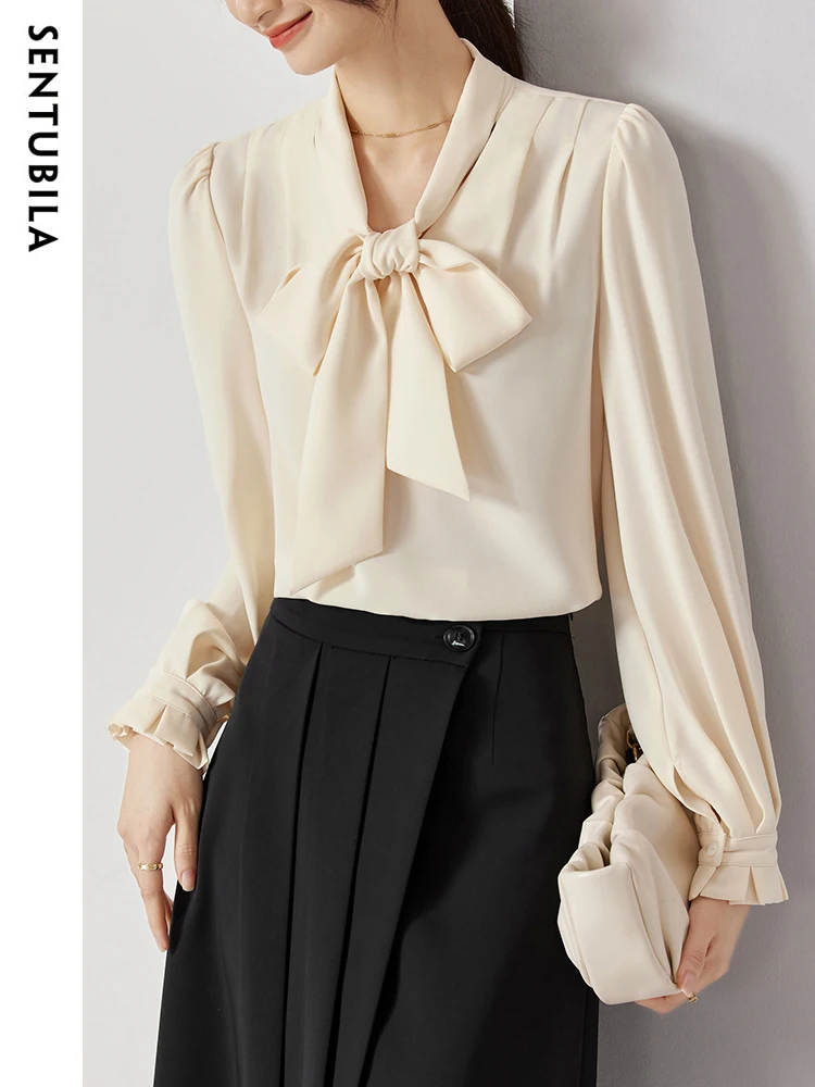 

SENTUBILA Elegant Bow Neck Shirts & Blouses Women 2024 Office Lady Fashion Frenchy Long Sleeve Tops Woman Clothing 131V47412