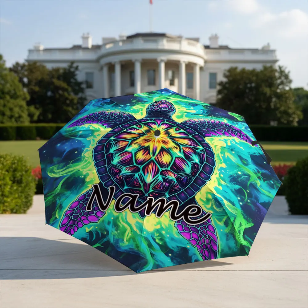 Custom Name Umbrella Neon Space Sea Turtle Print Folding Umbrella,Sun Rain Dual‑Use, Portable Travel Parasol For Men Women