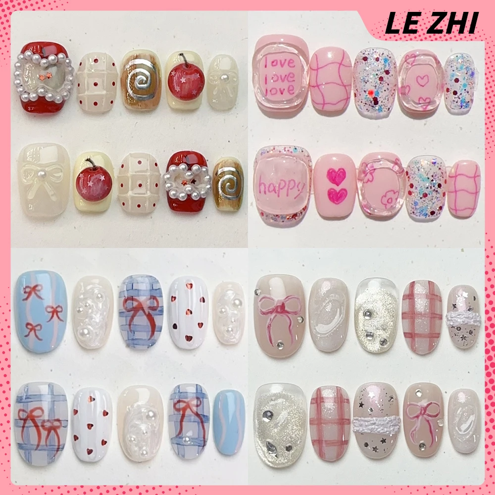 

10Pcs Kawaii Handmade Short Square Round Press On Nails Hand-Painted Bowknot Flowers Diamond Pearl Wearable Fake Nails Gift