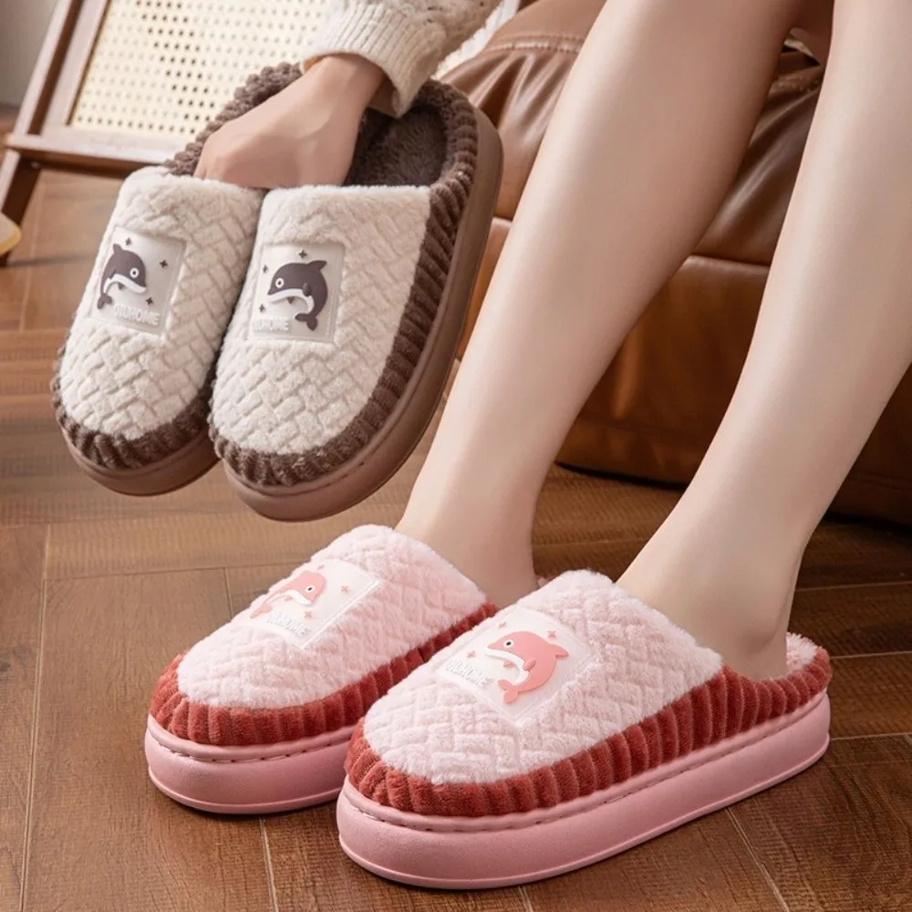 1 Pair Fabric Casual House Slippers Thick Sole Non-Slip Cartoon Slippers Warm Lining Warm Indoor Slippers Winter Season