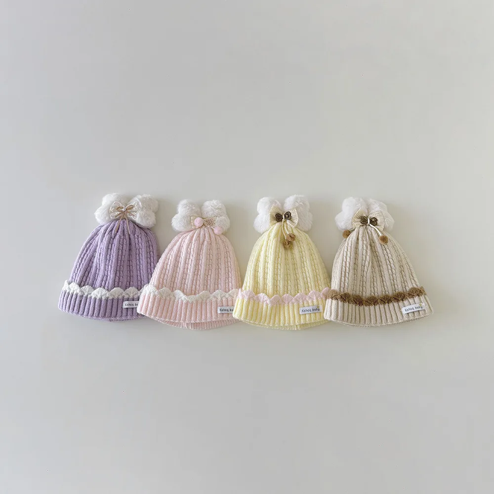 

Winter Baby Beanies Sweet Bow Accessories Kids Girls Children Ear Protection Caps Soft Warm Autumn Knitted Hats