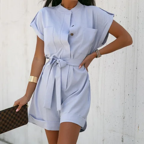 Rompers Jumpsuits Women One Piece Shorts Single Breasted Lace Up Round Collar Pockets Short Pants Summer Office Lady Playsuits