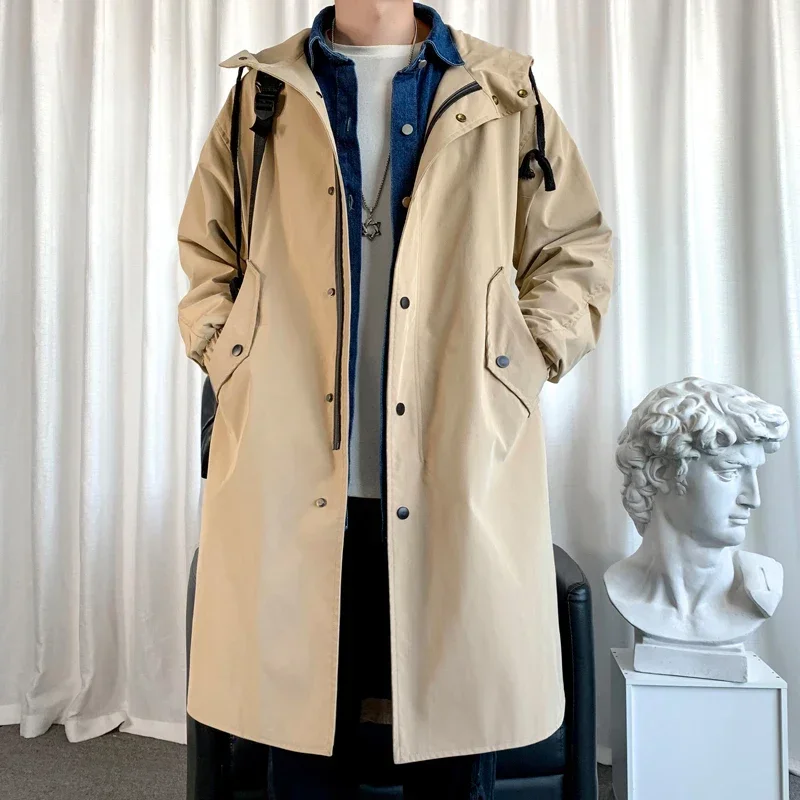 Men's Black Long Hooded Trench Coat Oversized Loose Fit Windbreaker Fashion Casual Waterproof Jacket 2026 New Korean Streetwear