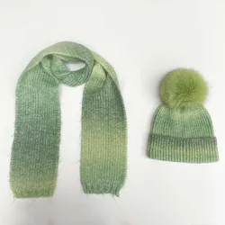 JANEFUR-Kids Beanie Hat Scarf, Gradient Warm Wool Hat, Real Fur, Pom Pom for Children, Girls, Boys, Fashion, Wholesale