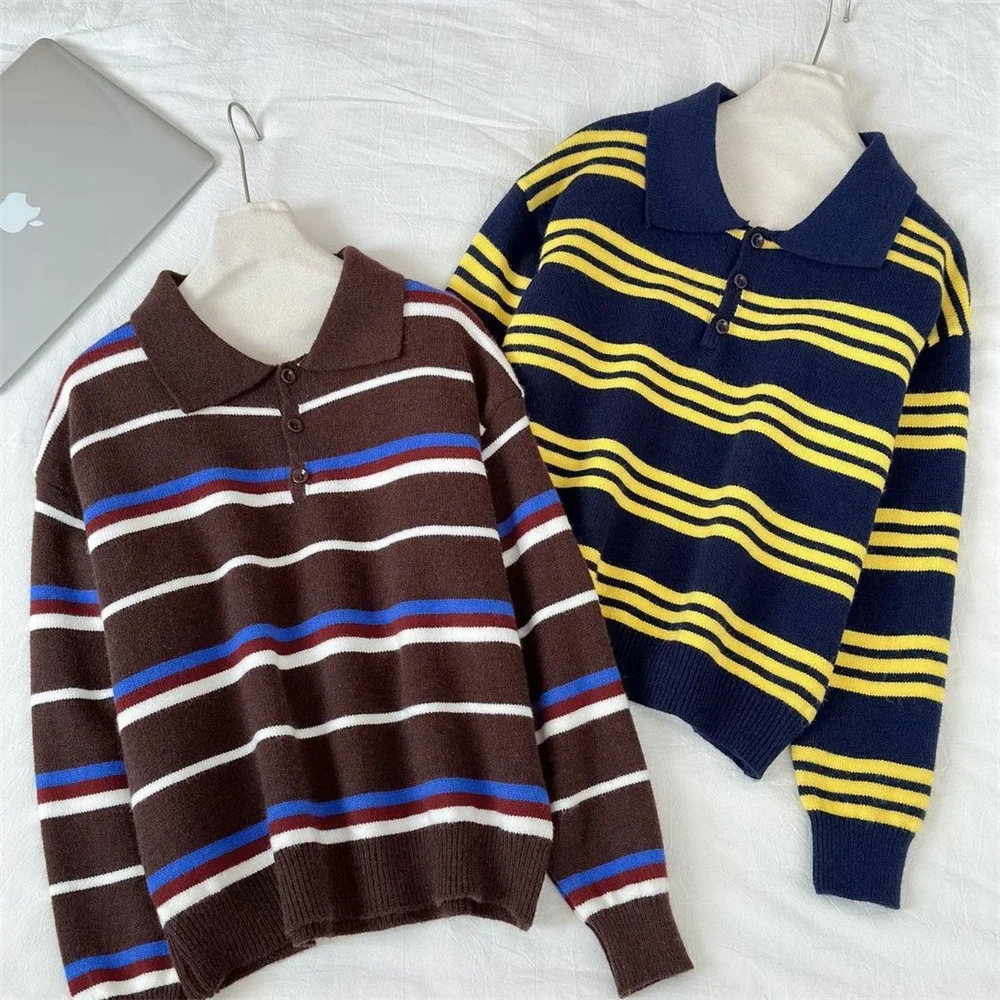 Comfortable Women Striped Polo Neck Sweater Preppy Sporty Knitted College Long Sleeve Athletic Casual Tops Vintage Lounge Wear