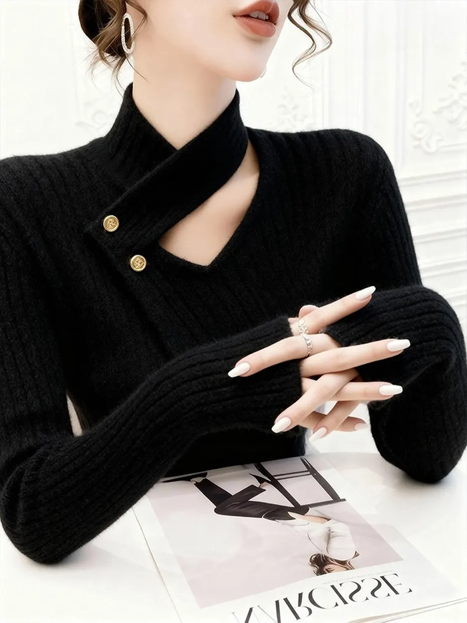 

Elegant Black Knitted Sweater Women's Slim Fit Fashionable Winter Top High Quality Polyester Fiber Long Sleeve Button Detail