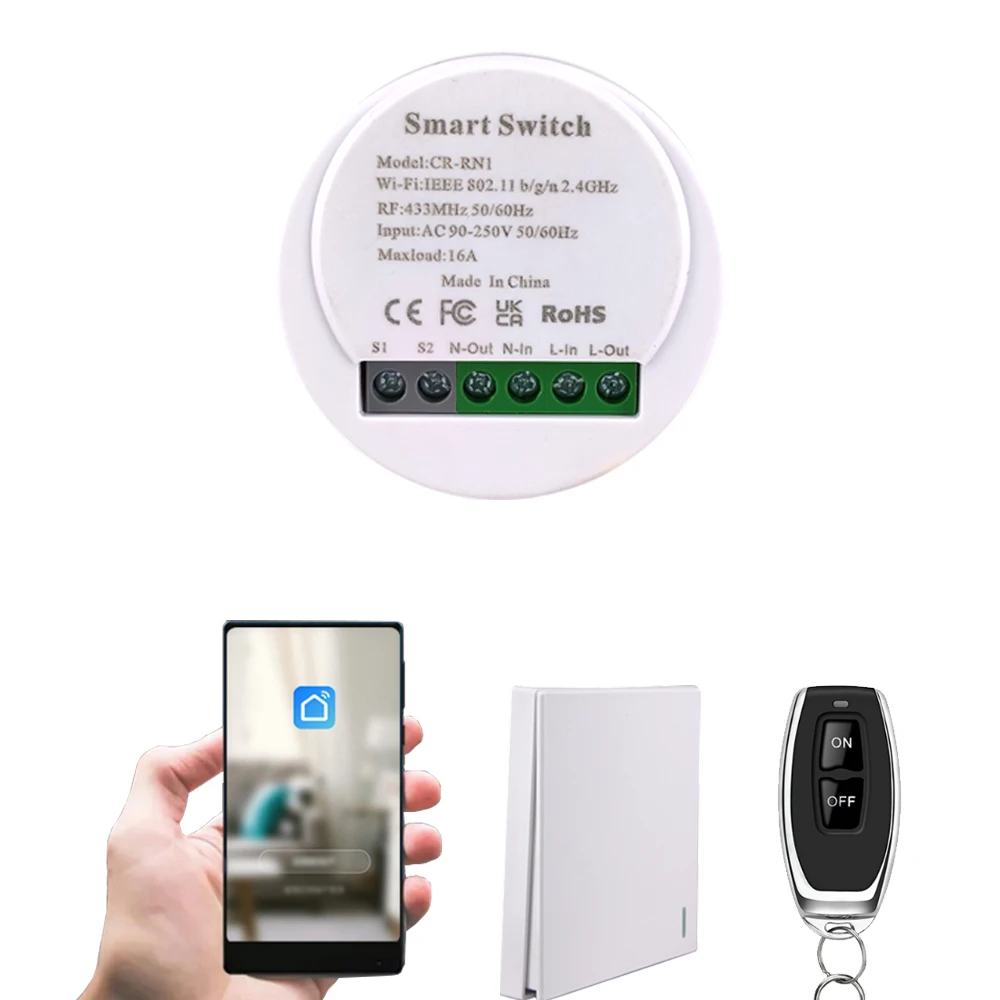 Smart Switch Wi-Fi&RF433 Remote Control Light Switch Work with Alexa and Google Home Load 16A Voltage AC90-250Vo