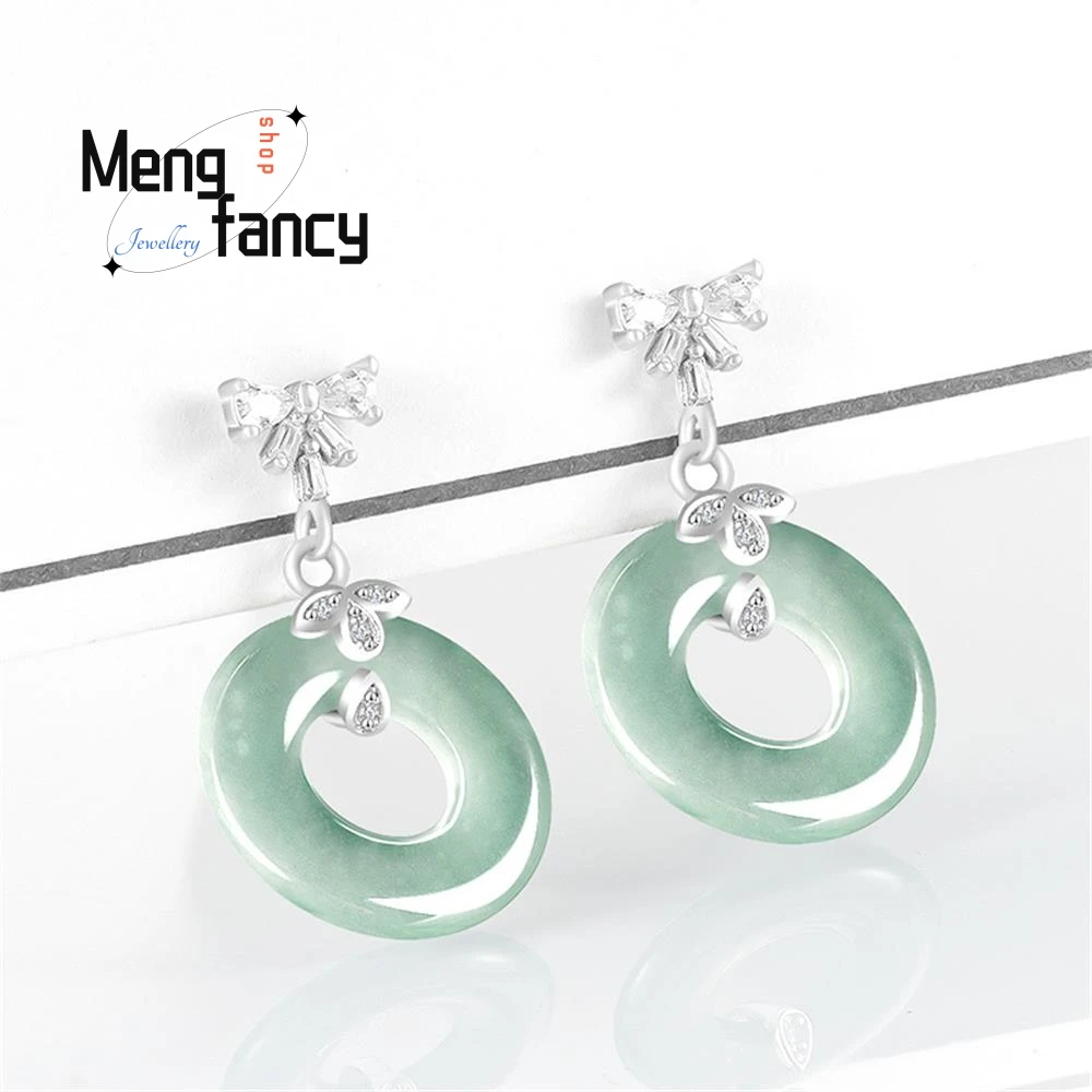 Natural A-goods Jadeite Blue Water Ice Jade Earrings S925 Silver Inlaid High-grade Fashion Exquisite Luxury Jewelry Holiday Gift