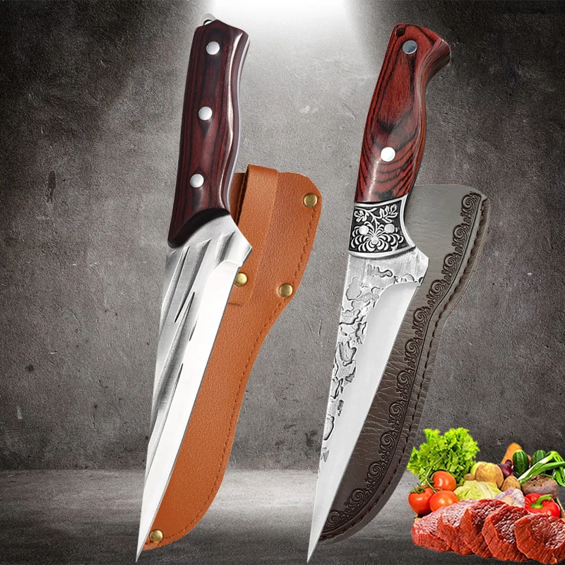 Forged Cleaver Kitchen Chef Knife High Carbon Clad Steel Meat Fish Fruit Vegetables Professional Butcher Boning Knife with Cover