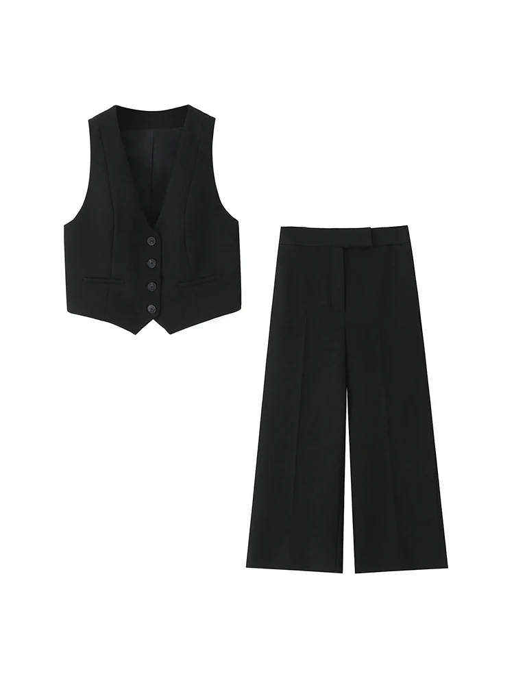 

KUCLUT Женский модный комплект из 2 предметов, черные однобортные топы на бретелях с v-образным вырезом и винтажные широкие брюки, женский шикарный женский брючный костюм