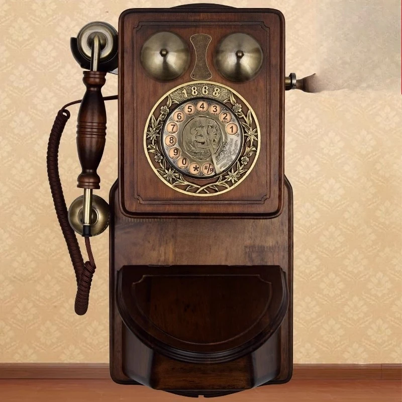 European antique wooden wall-mounted phone old-fashioned turntable rotary dial