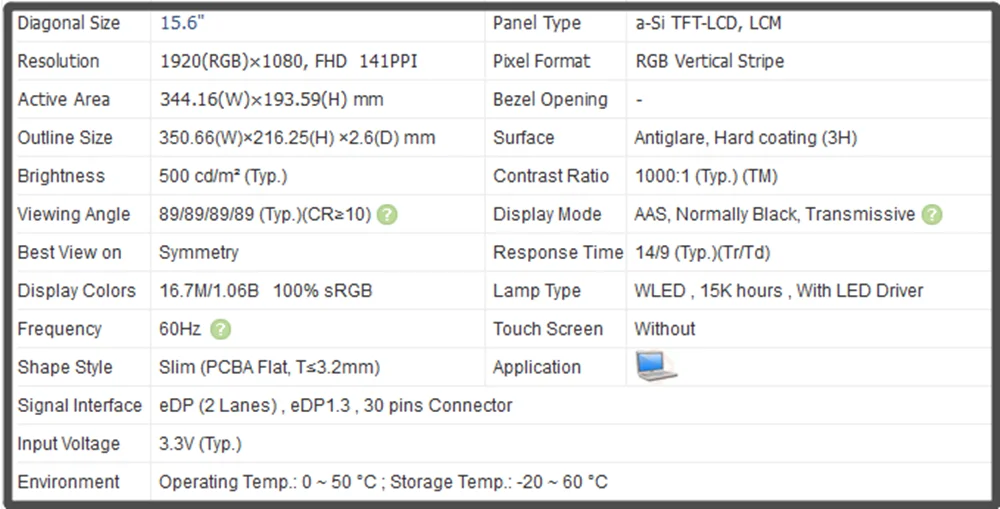 Imagem -03 - Painel do Painel Lcd do Não-toque N156hce Gn1 N156hce-gn1 156 Ips 60hz Edp 30 Pinos Fhd 1920x1080