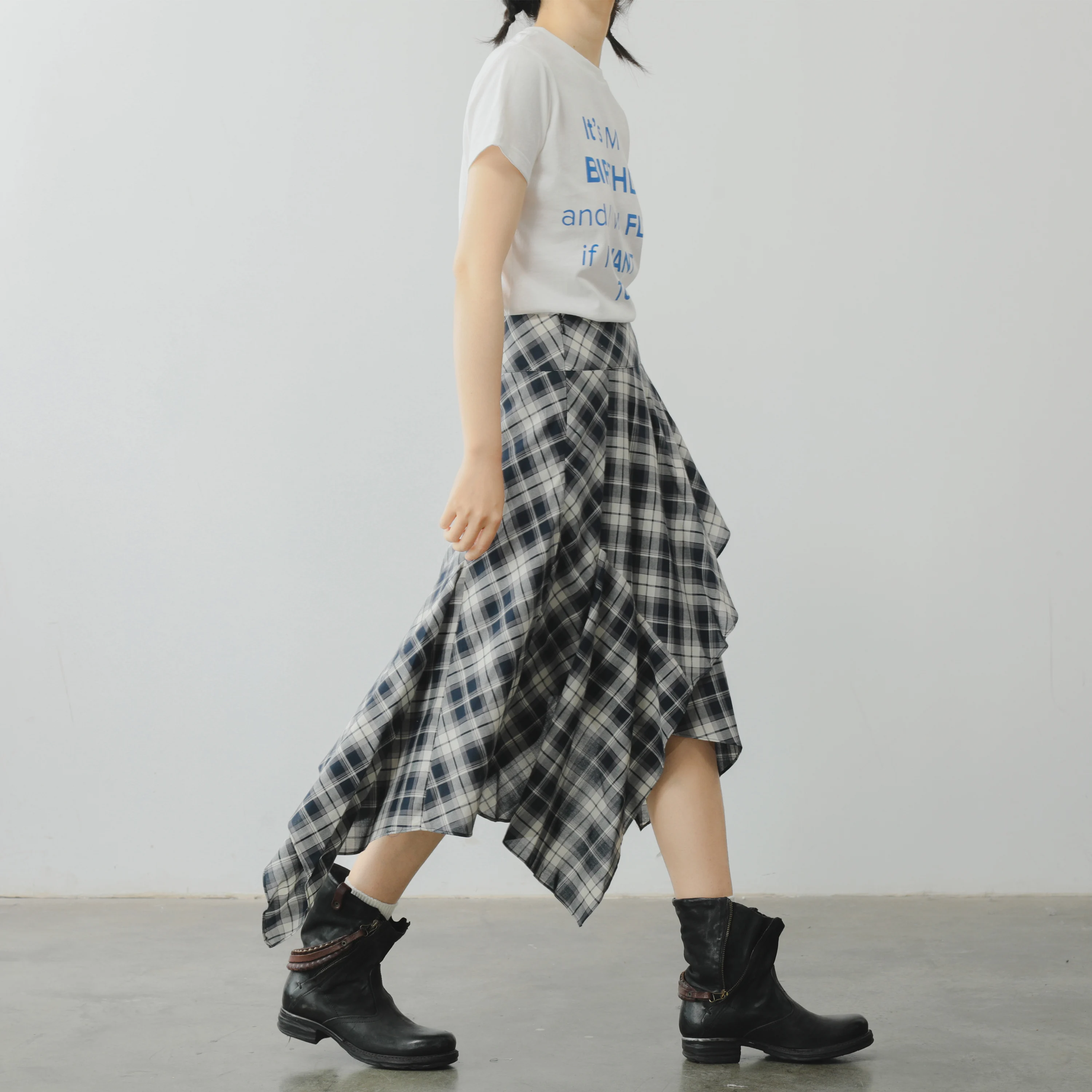

Coudre High Waist Asymmetric Plaid Skirt for Girls British Rock Casual Stray Girl Half-length Skirts Irregular Skirts