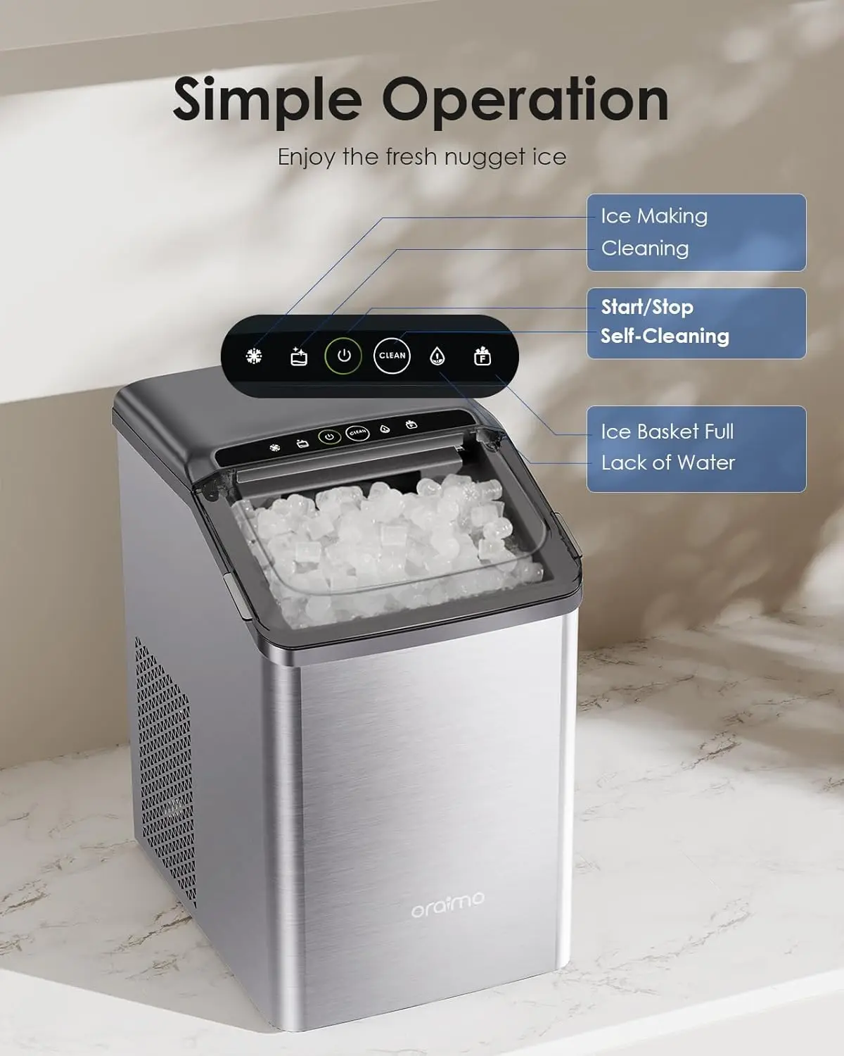 Orraimo Nugget Ice Maker, Countertop Ice Maker, Tooth-Friendly gelo mastigável com auto-limpeza e Auto refil de água, 26 Lbs/dia