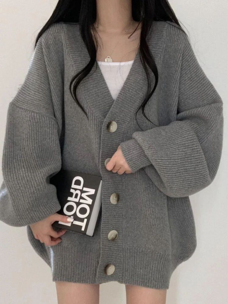 Cárdigan holgado para Mujer, prendas de vestir de punto cálidas con cuello en V, ropa informal de calle alta, ropa de moda coreana de temperamento suave para Mujer
