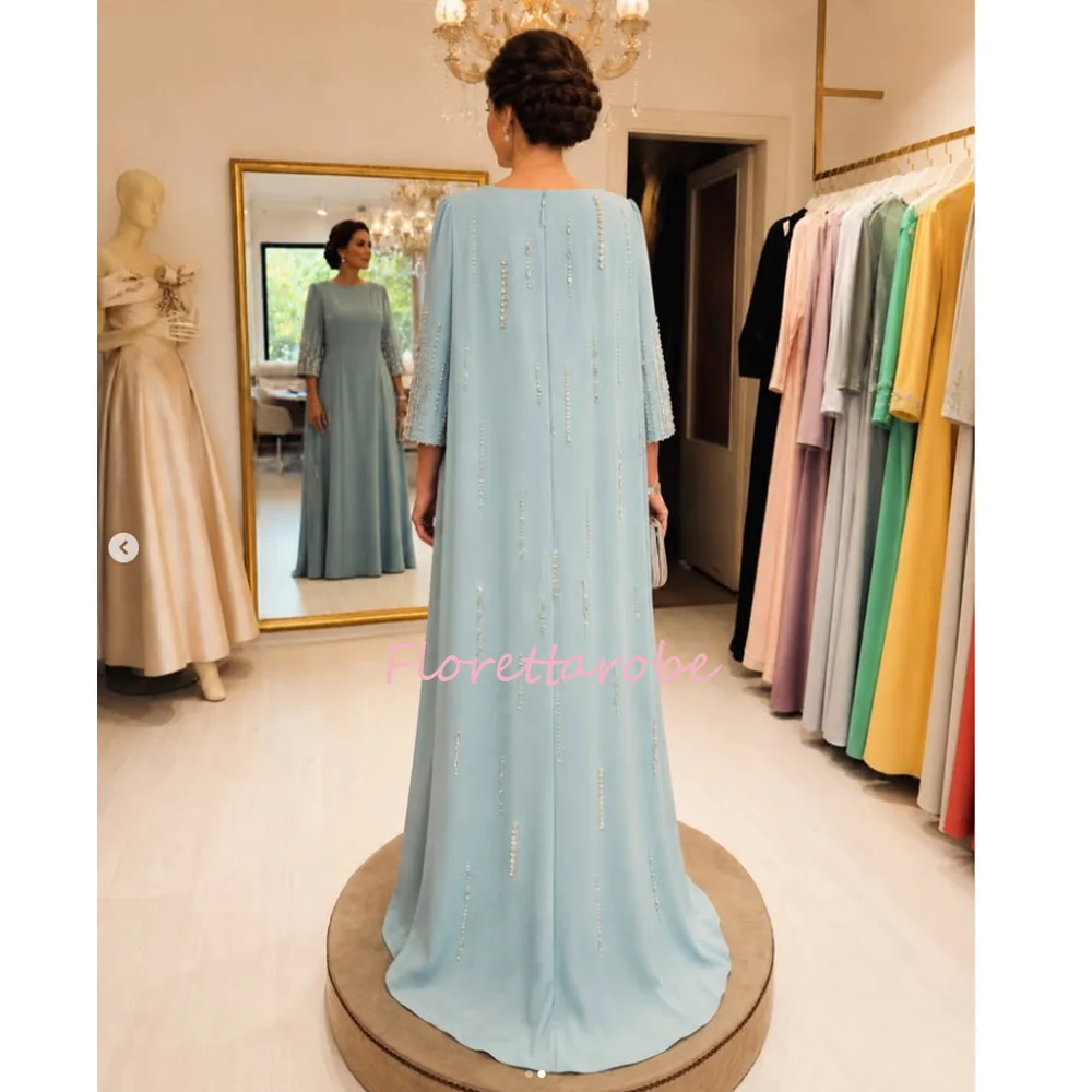 Saudi Arabia Crepe Mother Of The Bride Gown Modest O-Neck 3/4 Sleeve Beaded Sequined Floor Length Formal Wedding Party Dress Cus