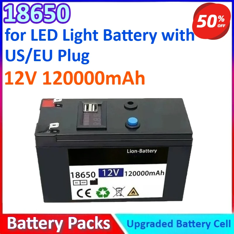 

18650 12V 120000mAh New general-purpose Lithium Rechargeable Battery Pack for Charger Spray LED Light Battery with US/EU Plug