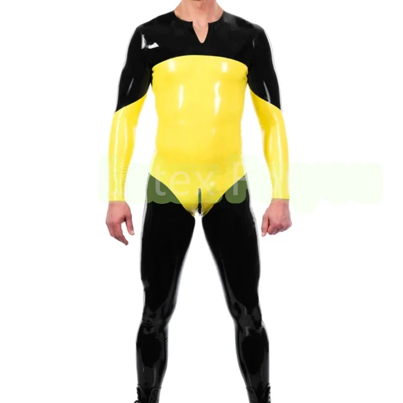 Yellow(Contrast Color) And Black Sexy Latex Catsuit With SocksFront Crotch To Back Zipper Suit Rubber Bodysuit Zentai Overall