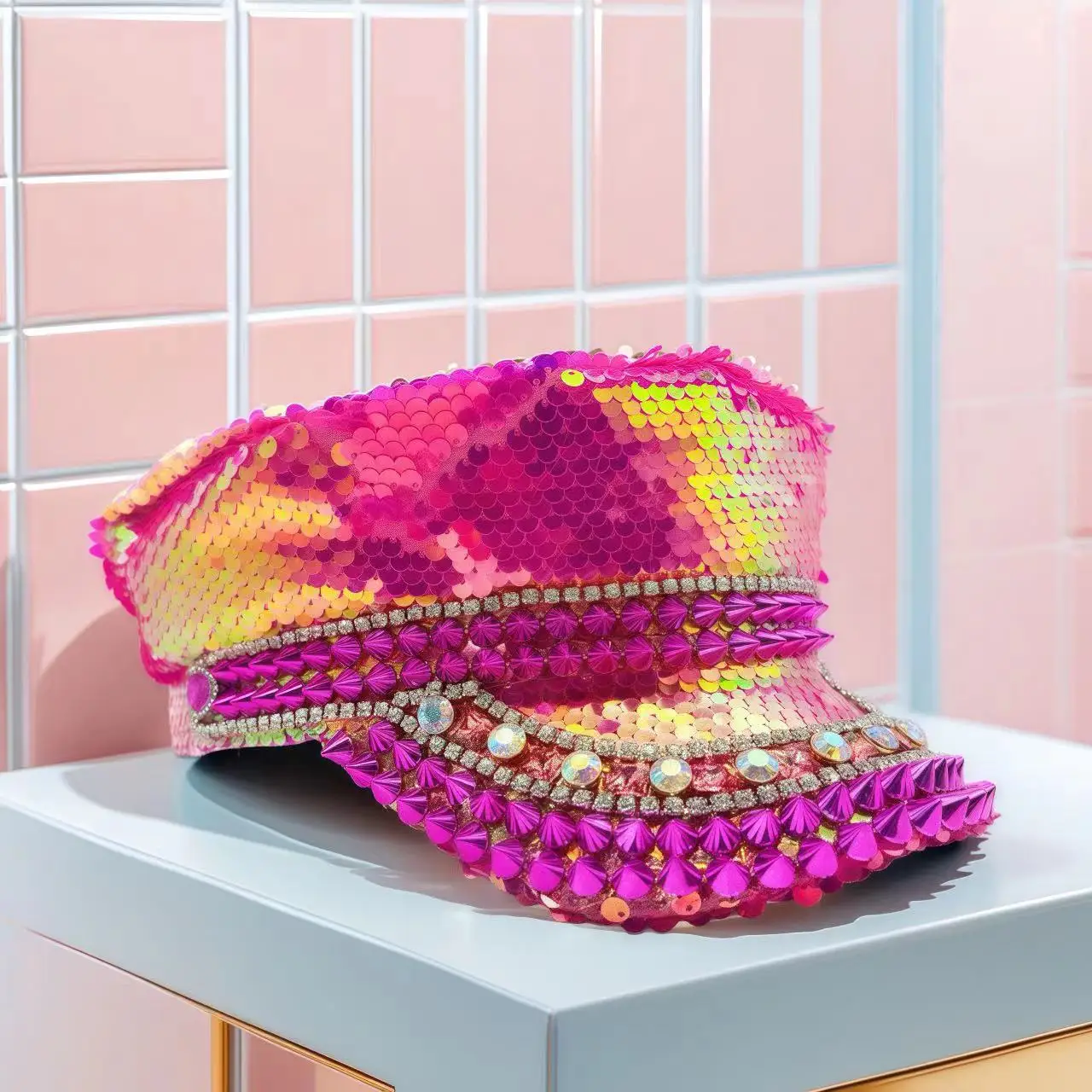 HongLuan الفاخرة الوردي ديسكو Steampunk الكابتن قبعة حجر الراين لحرق رجل مهرجان امرأة، الملحقات العسكرية وقبعة عسكرية #3