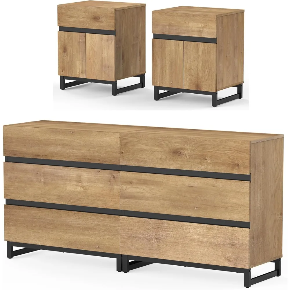 

Contemporary 3-Piece Bedroom Set: 63" Dresser with 6 Drawers, 2 Nightstands with Storage, and Bed