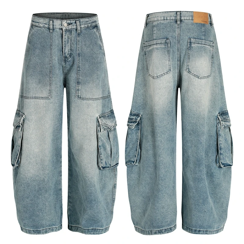 Multi-pocket Cargo Jeans Men Women Streetwear Hip Hop Loose Casual Wide-leg Baggy Jeans Machete Pants Unisex Trousers