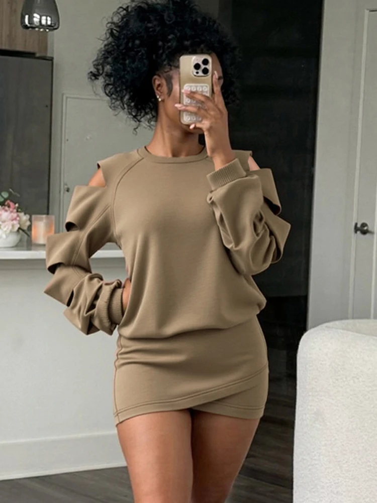 Women's Autumn Winter Two Piece Set 2025 Hollow Out Holes Long Sleeve Pullover Tops And Bandage Skirt Suit Casual Streetwear Set