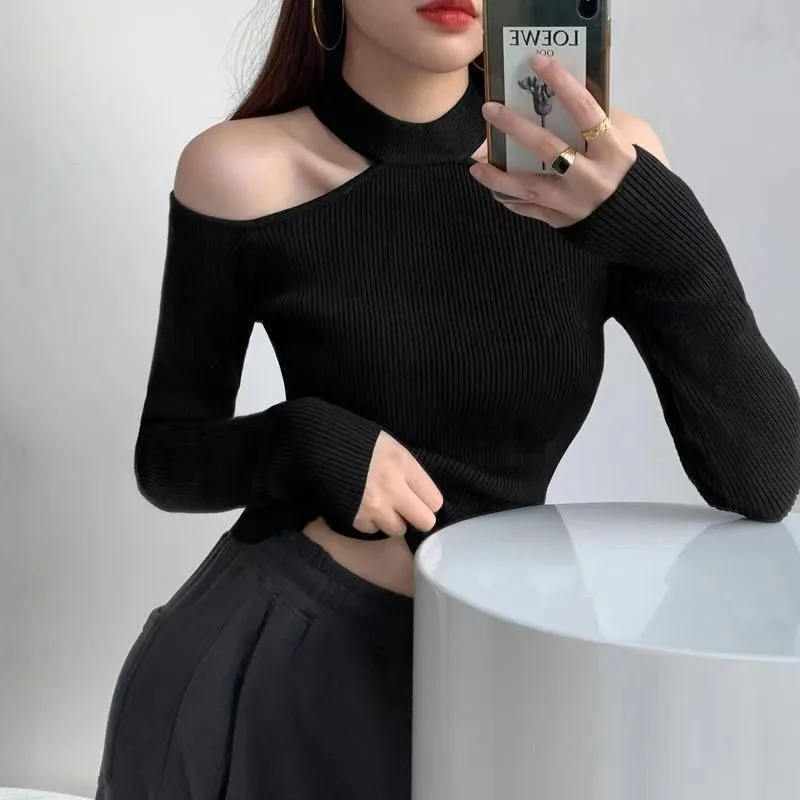 2023 New Women T Shirt Long Sleeve Shoulder Bare Dropped Sleeve Crop Top 2023 Bottoming Knitted T-shirts Slim Fitness Clothing