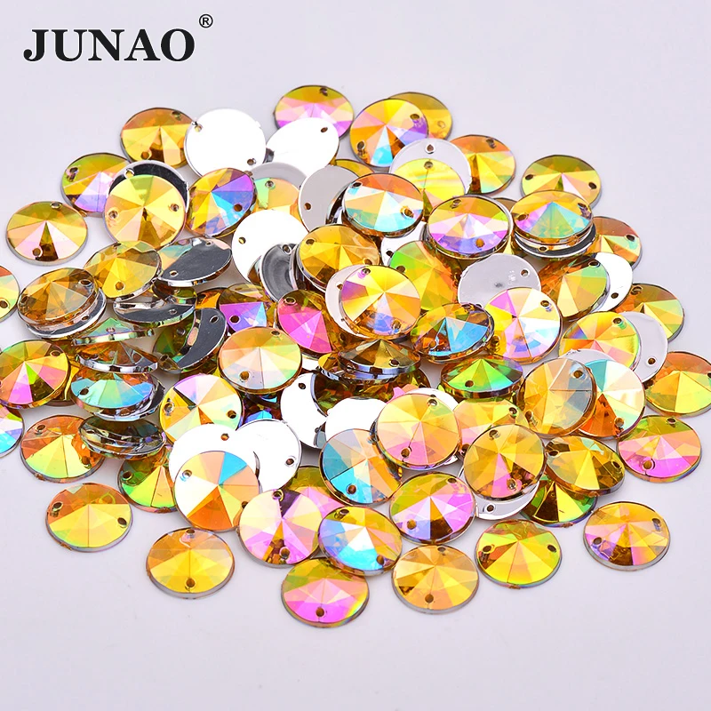 JUNAO 1000pc 10mm Sew On Crystal AB Rivoli Rhinestone Applique Round Flatback Acrylic Gems Sewing Strass Stones For Dress Crafts