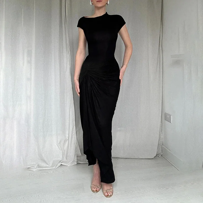 InstaLike Ruched Luxury Elegant High Slit Long Dress Women O Neck Short Sleeve Ankle-Length Dress Fashion Office Lady Clothing