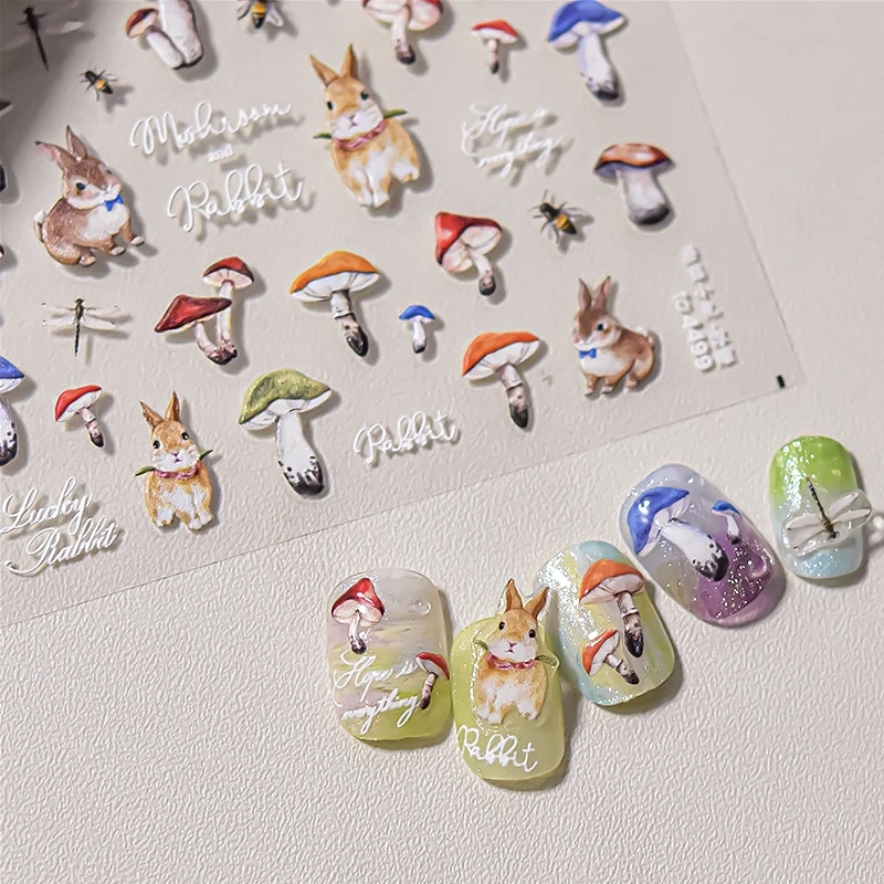 Autumn Fall Cute Rabbit Mushroom Scarf Hat Girl Bee Love Heart Dragonfly Flower Animal Adhesive Nail Art Stickers Manicure Decal