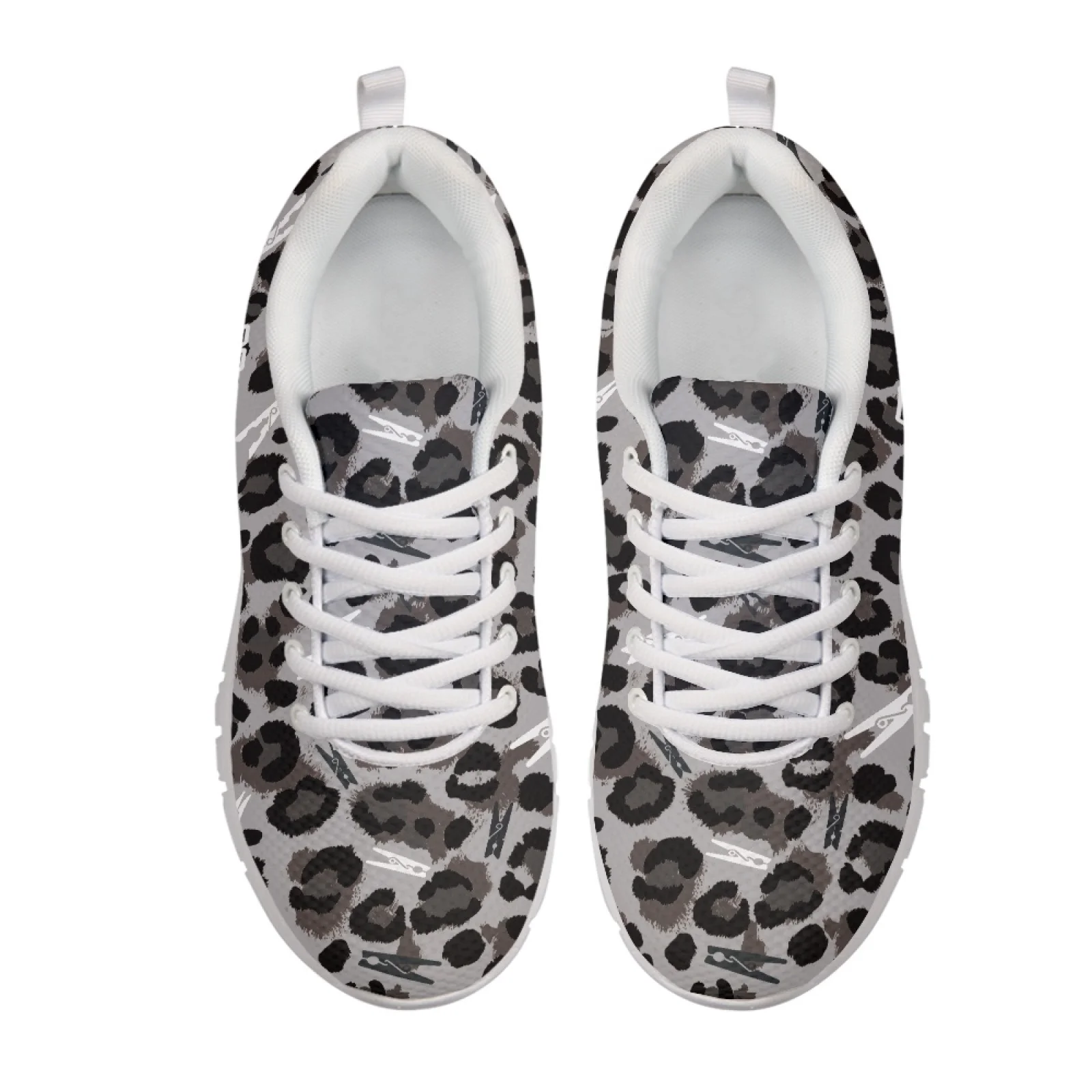 Coloranimal Grey Leopard Print Lace-up Sports Trainers, Breathable Athletic Sneakers for Ladies and Men Gym Running