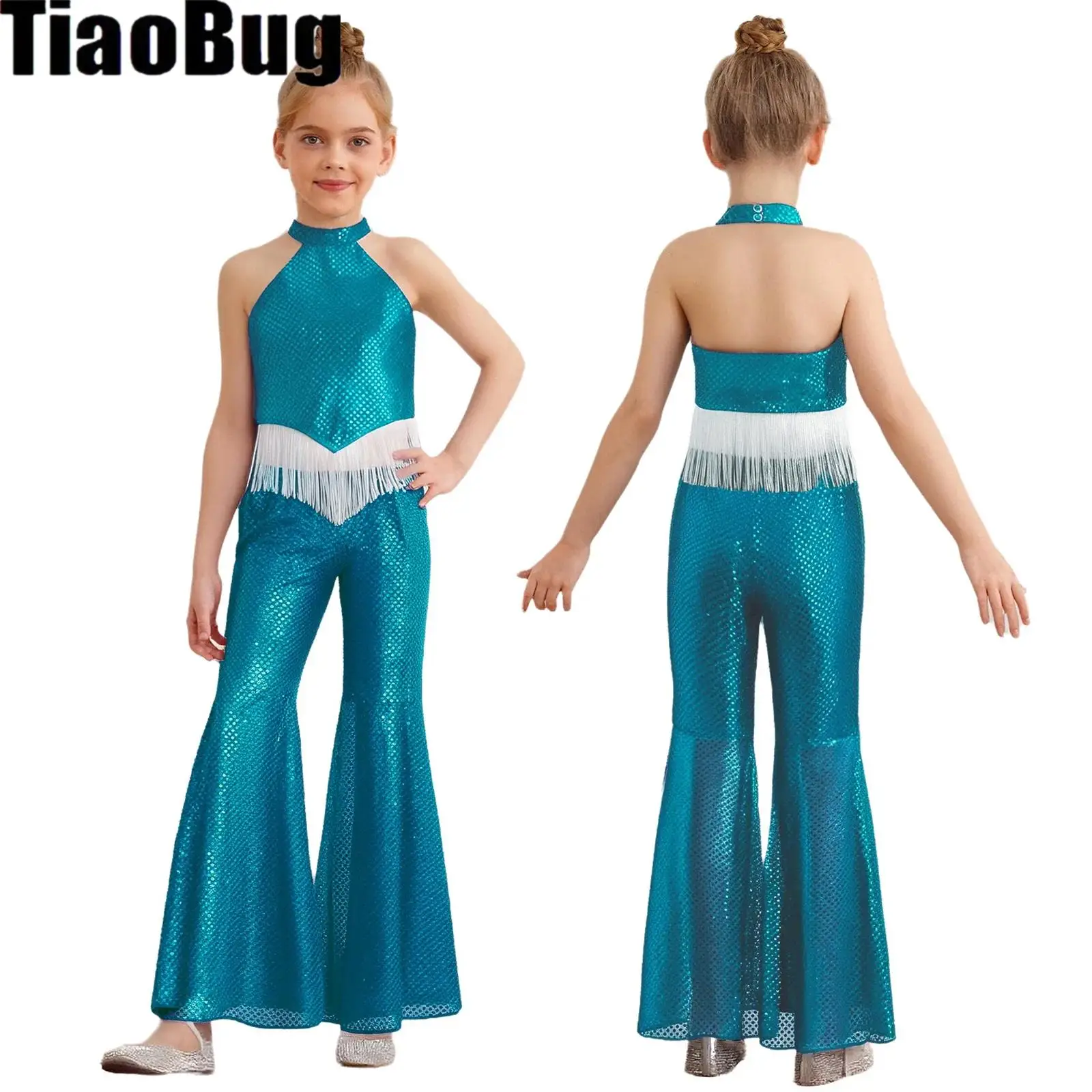 

Детский комплект для девочек: блестящий топ-халтер без рукавов с открытой спиной и асимметричным подолом с бахромой, а также брюки-клеш