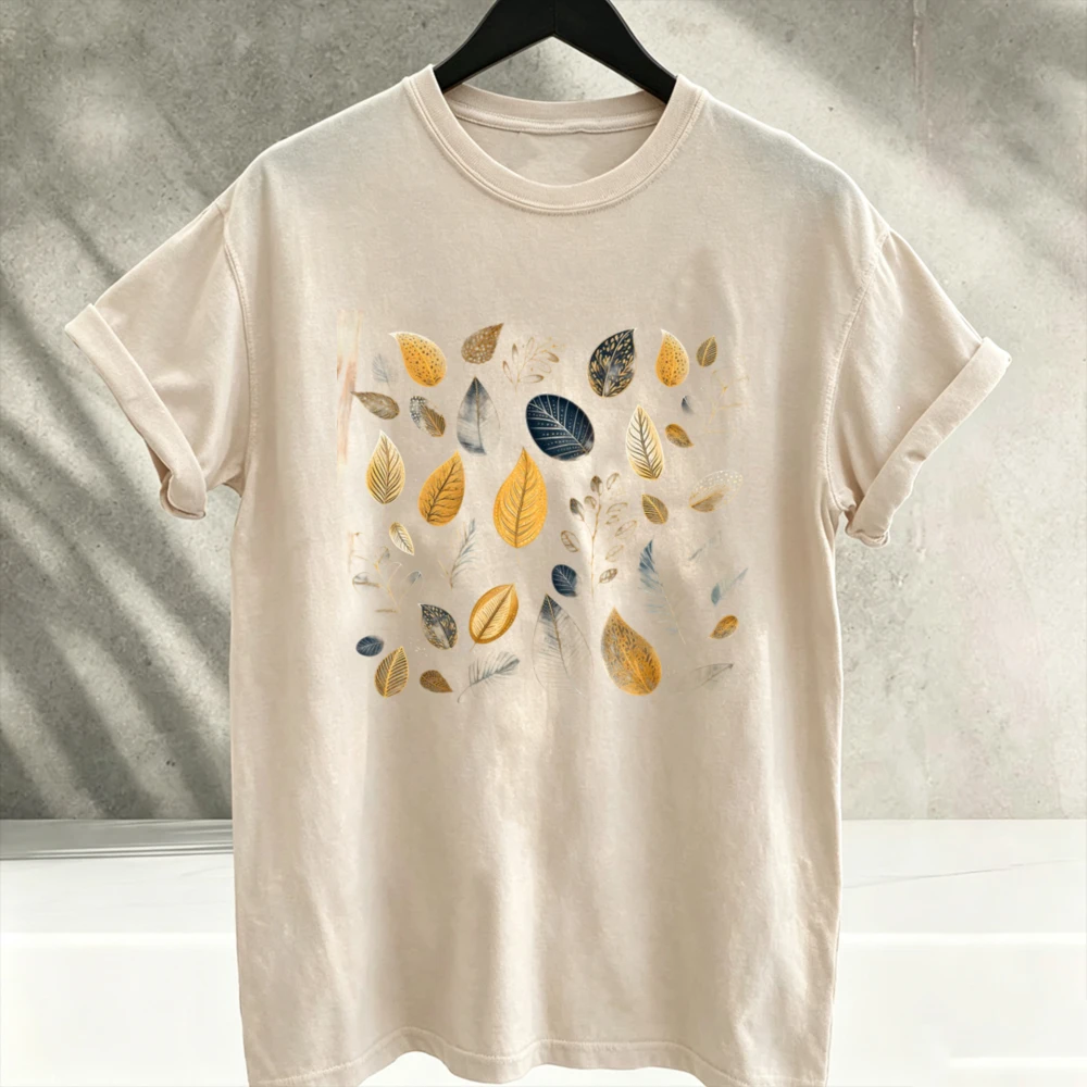 Fallen Autumn Leaves Graphic Printed T-Shirt Nature Aesthetic Forest Woodland Botanical Plants Short Sleeve Tees for Men Women