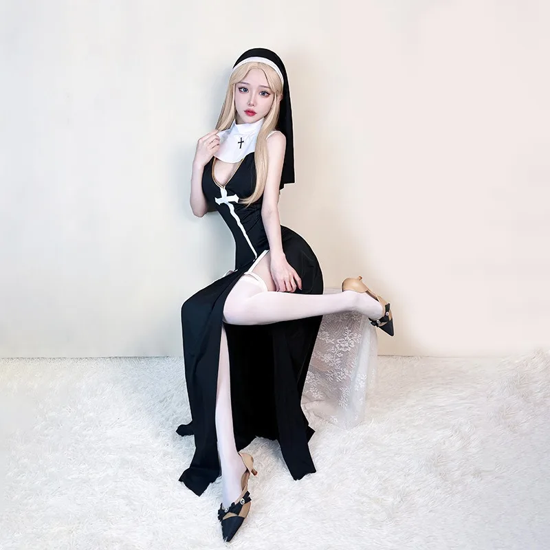 Moda sexy bonito preto freira vestido traje halloween masquerade festa irmã traje role play desempenho traje conjunto 2025