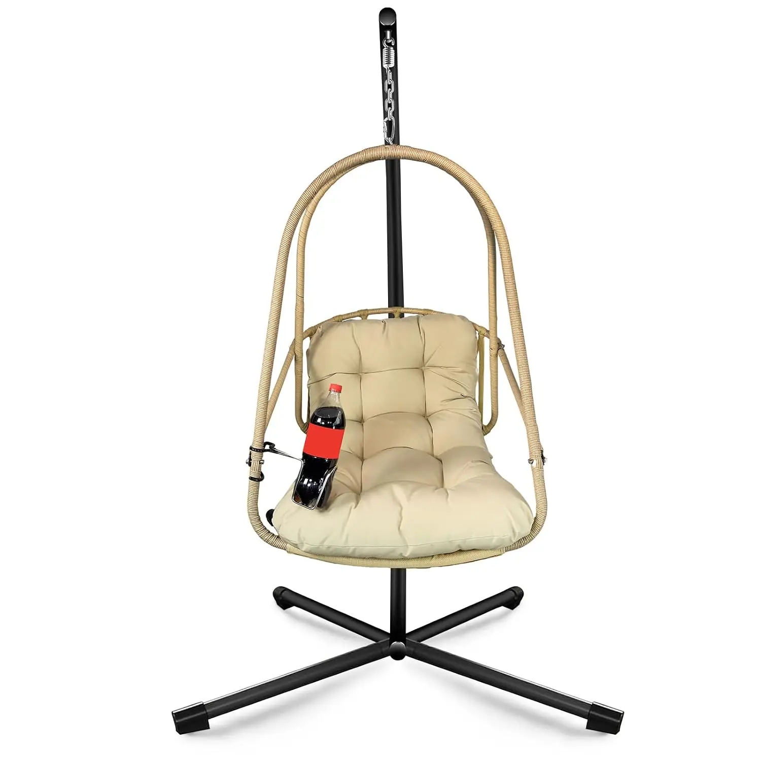 Wicker Egg Chair with Stand & Cushion, Indoor Outdoor Seat with Pillow Guardrail Cup Holder, Foldable, 350 Lb, Customized