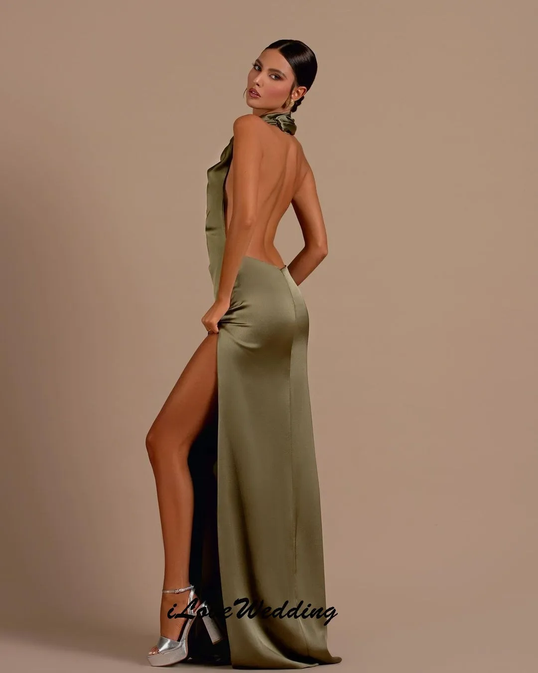 فستان سهرة نسائي برقبة عالية بدون أكمام من الساتان الأخضر الطحلب حورية البحر للحفلات الراقصة فستان ماكسي لحفلات الزفاف بدون ظهر مخصص