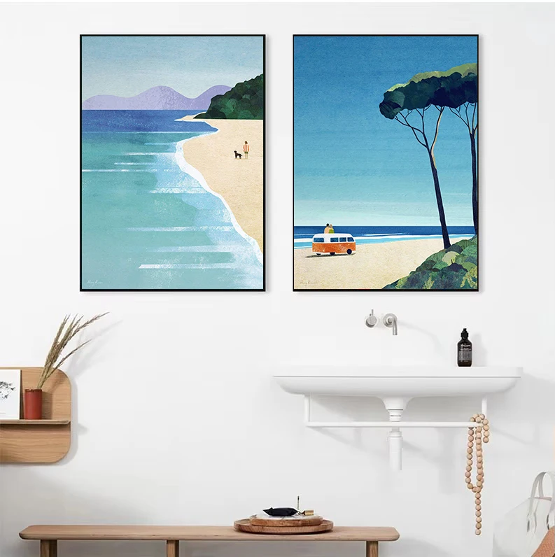 Abstract Seascape Surfing Beach Girl Open-Water Swim Coastal Landscape Poster Canvas Painting Wall Art Pictures Home Decor