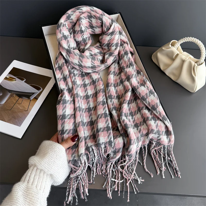 

Luxury Thick Scarf Cashmere Plaid Tassel Fall Winter Scarves Vintage Soft Shawl Wrap Neck Warmer for Lady Party Gift Daily Wear